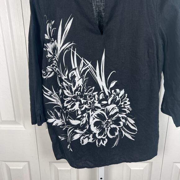 JM Collection Black Large White Floral Print V Neck Tunic Linen Blouse Size 14 - Picture 4 of 6